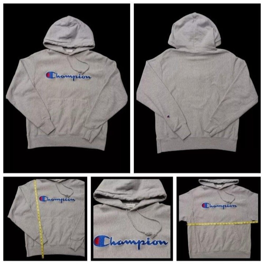 Y2K Vntg Reverse Weave CHAMPION Hoodie Spellout Jumper Sweatshirt Mens Medium